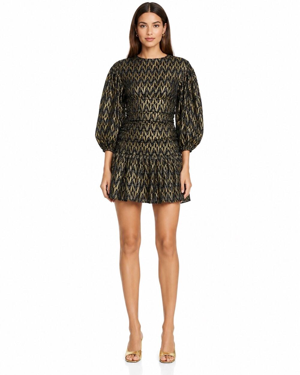 RHODE Donna Balloon Sleeve Brocade Ruffle Flounce Mini Geometric Dress